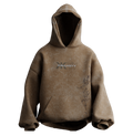Front view of ANTAHA-YUGAYSA premium heavyweight oversized hoodie in khaki olive brown featuring centered KALLKEYY branding and intricate side embroidery graphics.