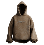 Front view of ANTAHA-YUGAYSA premium heavyweight oversized hoodie in khaki olive brown featuring centered KALLKEYY branding and intricate side embroidery graphics.