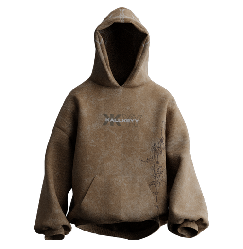 Front view of ANTAHA-YUGAYSA premium heavyweight oversized hoodie in khaki olive brown featuring centered KALLKEYY branding and intricate side embroidery graphics.