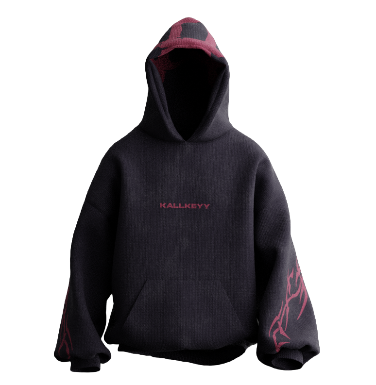 Front view of KAAL-DRISHTA premium heavyweight oversized hoodie in black featuring minimalist KALLKEYY chest branding and red tribal flame sleeve graphics.