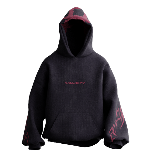 Front view of KAAL-DRISHTA premium heavyweight oversized hoodie in black featuring minimalist KALLKEYY chest branding and red tribal flame sleeve graphics.