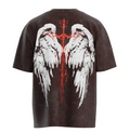 Black t-shirt with white angel wings and red central design on a white background