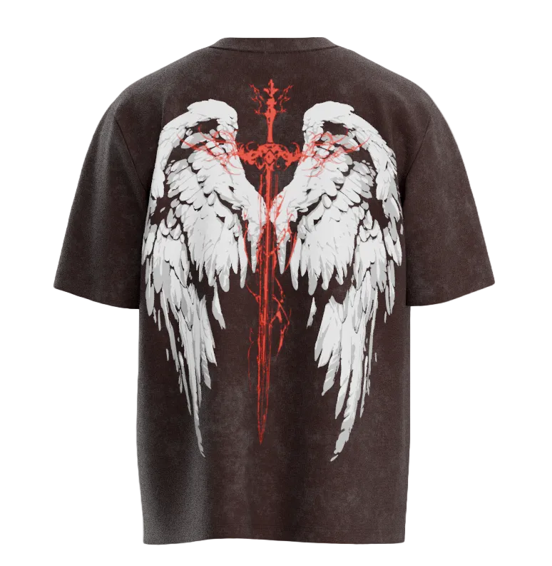 Black t-shirt with white angel wings and red central design on a white background